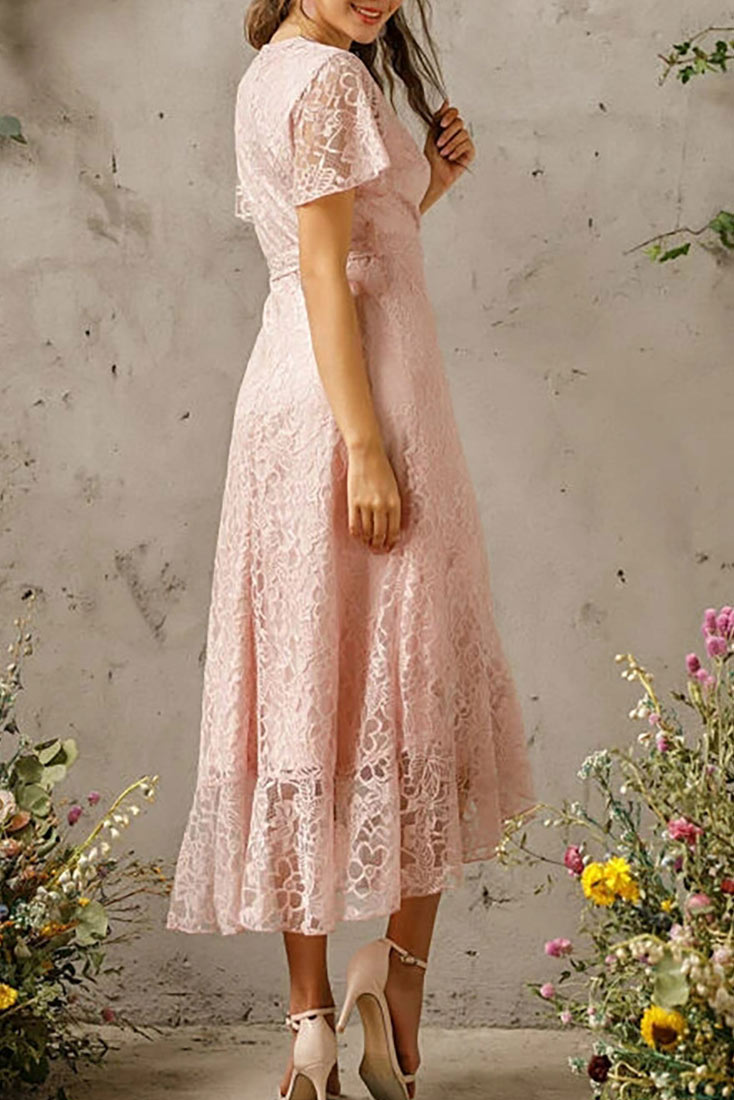 Lace V-neck High Low Wrap Prom Dress - Fashionpara