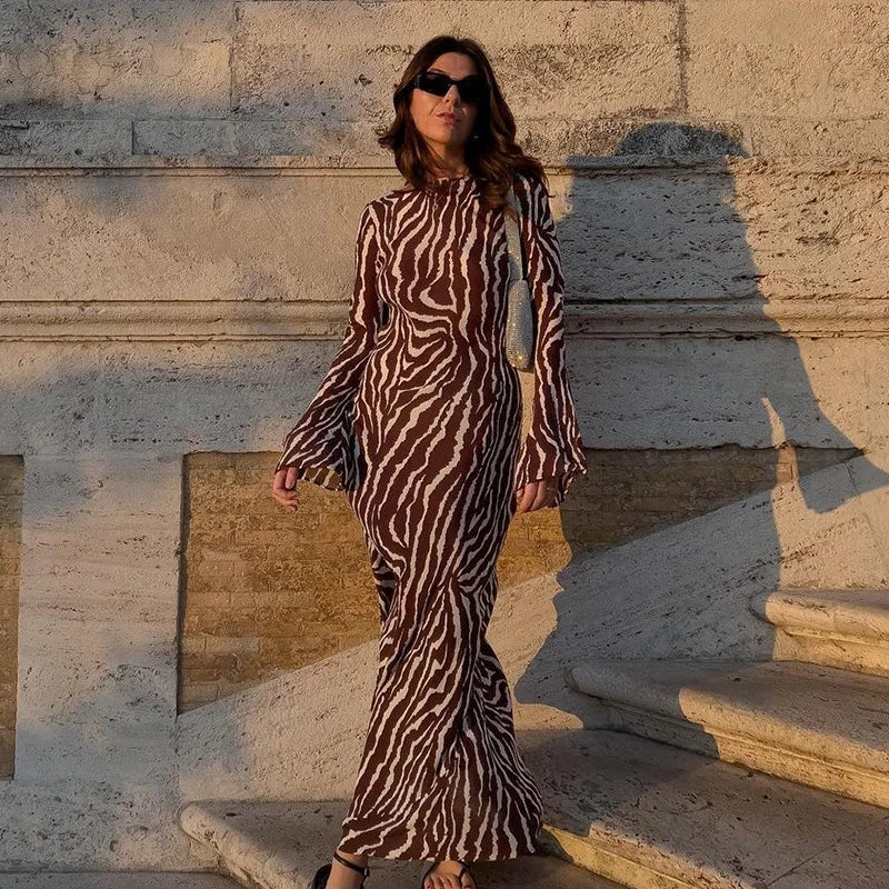 Elegant Chiffon Print Long Sleeve Maxi Summer Floral Dress