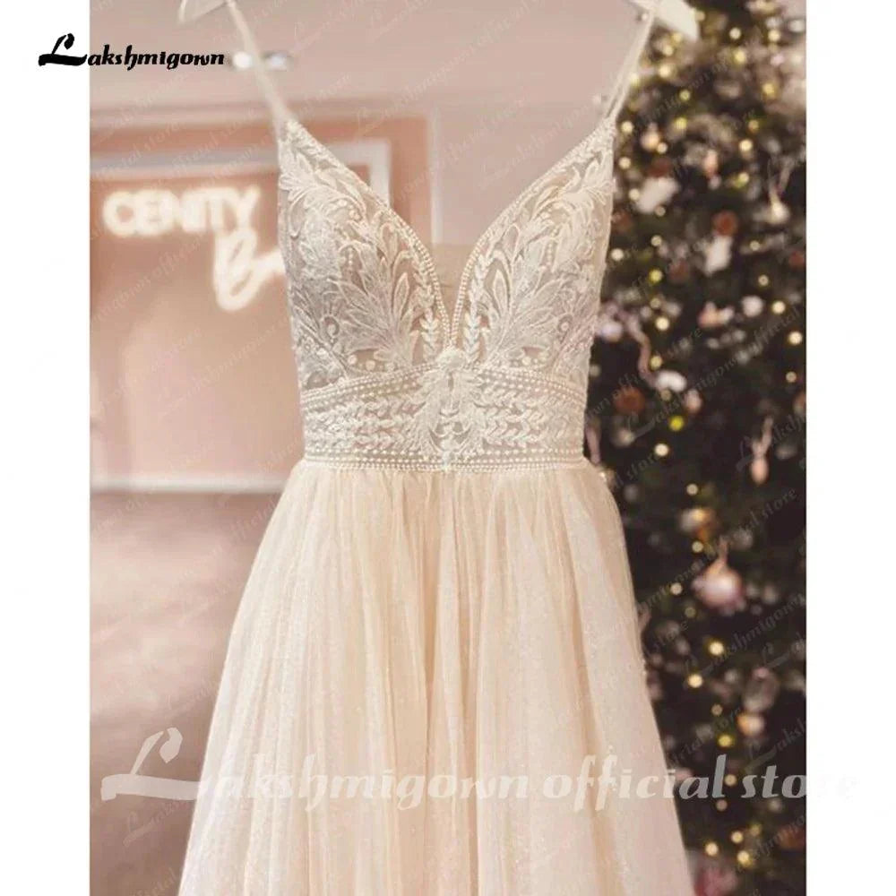 Spaghetti Straps Champagne Boho Wedding Dress For Women Vestido Civil Bridal Church Wedding Gowns suknie slubne - View 4 | VelvetHem