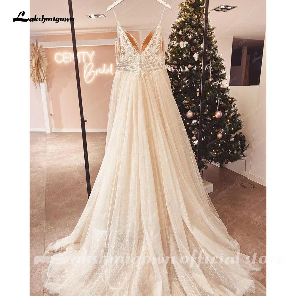 Spaghetti Straps Champagne Boho Wedding Dress For Women Vestido Civil Bridal Church Wedding Gowns suknie slubne - View 2 | VelvetHem