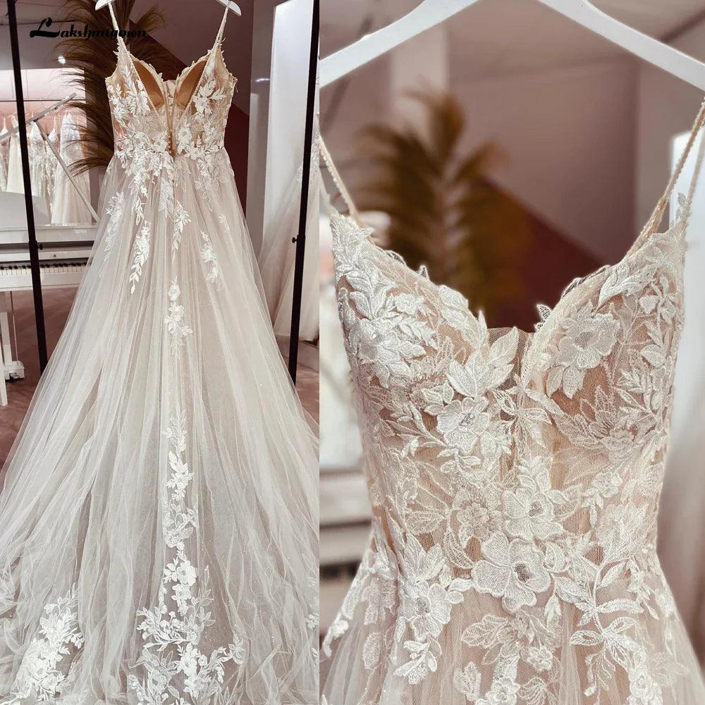 Spaghetti Straps Lace Wedding Dress Open Back Civil Bridal Bohemian Wedding Gowns Vestidos de Nova