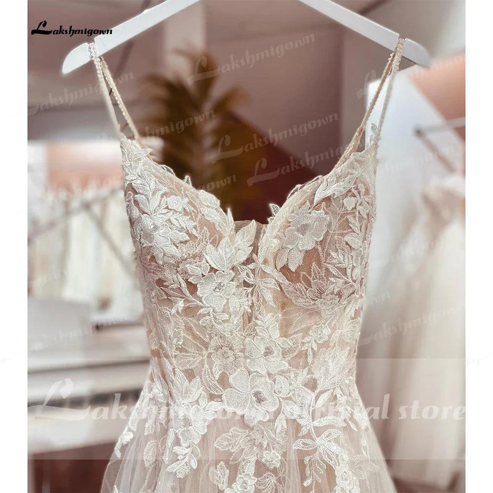 Spaghetti Straps Lace Wedding Dress Open Back Civil Bridal Bohemian Wedding Gowns Vestidos de Nova
