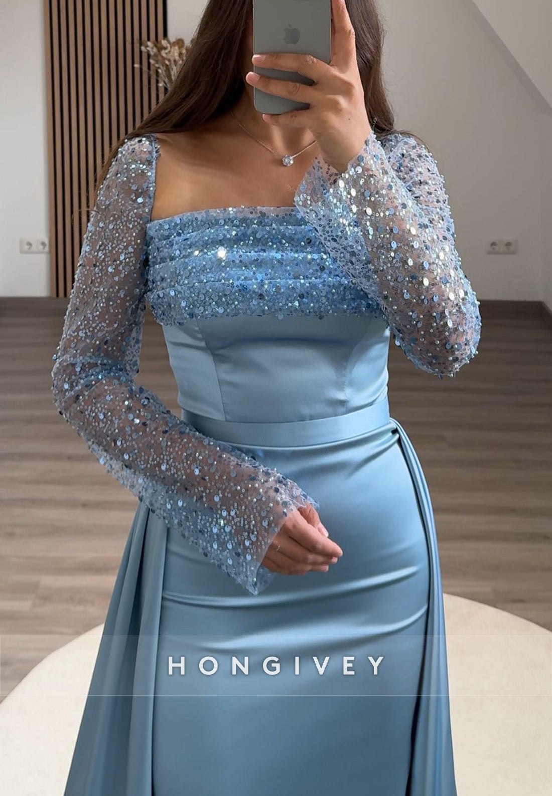 Formal Long Sleeve Sheath Floor-Length Square Appliqued Pleated Evening Gown