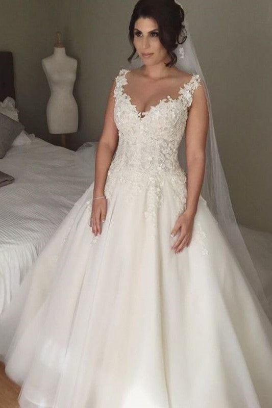 Latest A-line Lace Applique  Bridal Gown Open Back Sleeveless Court Train Wedding Dress JT116