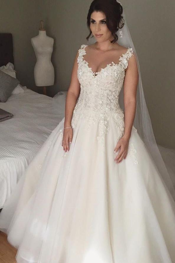 Latest A-line Lace Applique  Bridal Gown Open Back Sleeveless Court Train Wedding Dress JT116