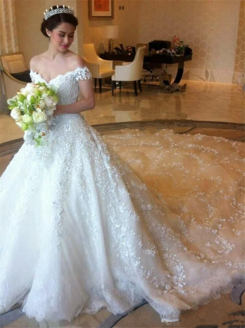Latest Off Shoulder White Ball Gown Wedding Dress Popular Lace Court Train Bridal Gowns