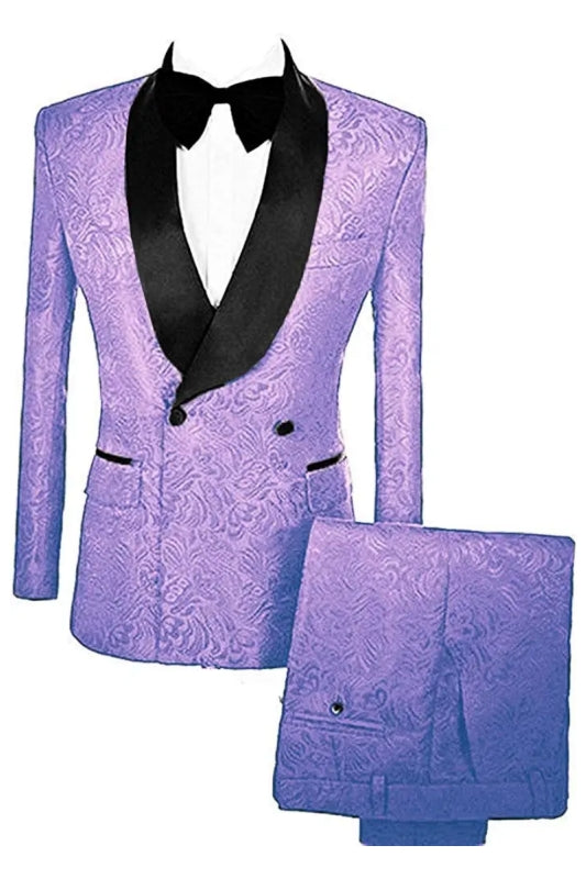 Lavender Double Breasted Jacquard Wedding Suit with Velvet Lapel