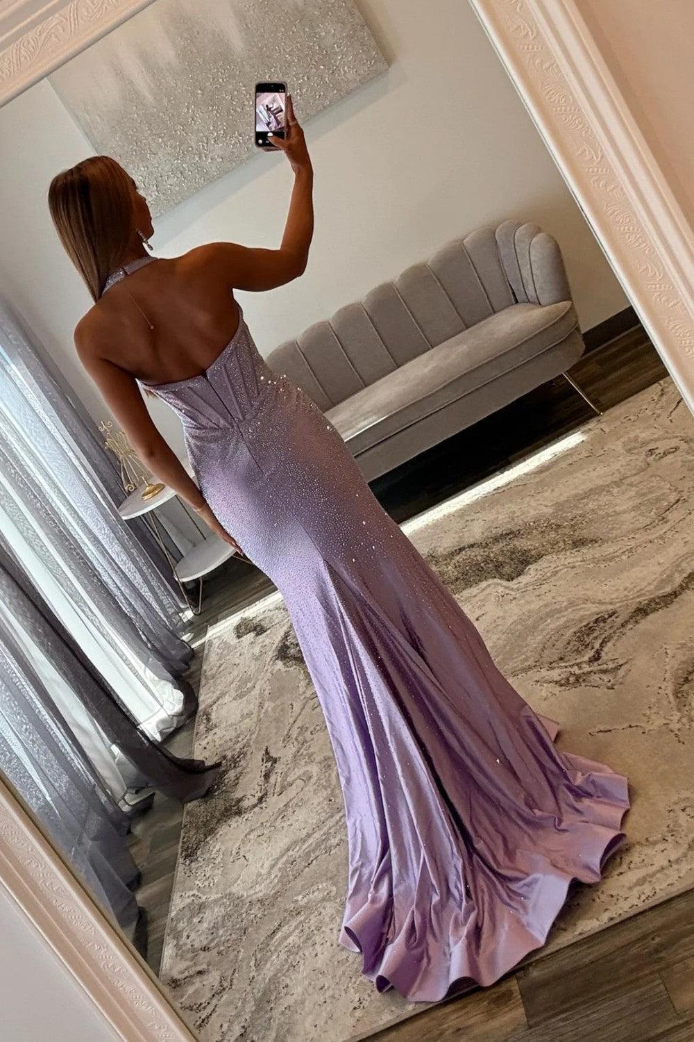 Lavender Halter Neck Corset Beaded Mermaid Prom Dress With High Slit Formal Evening Gown