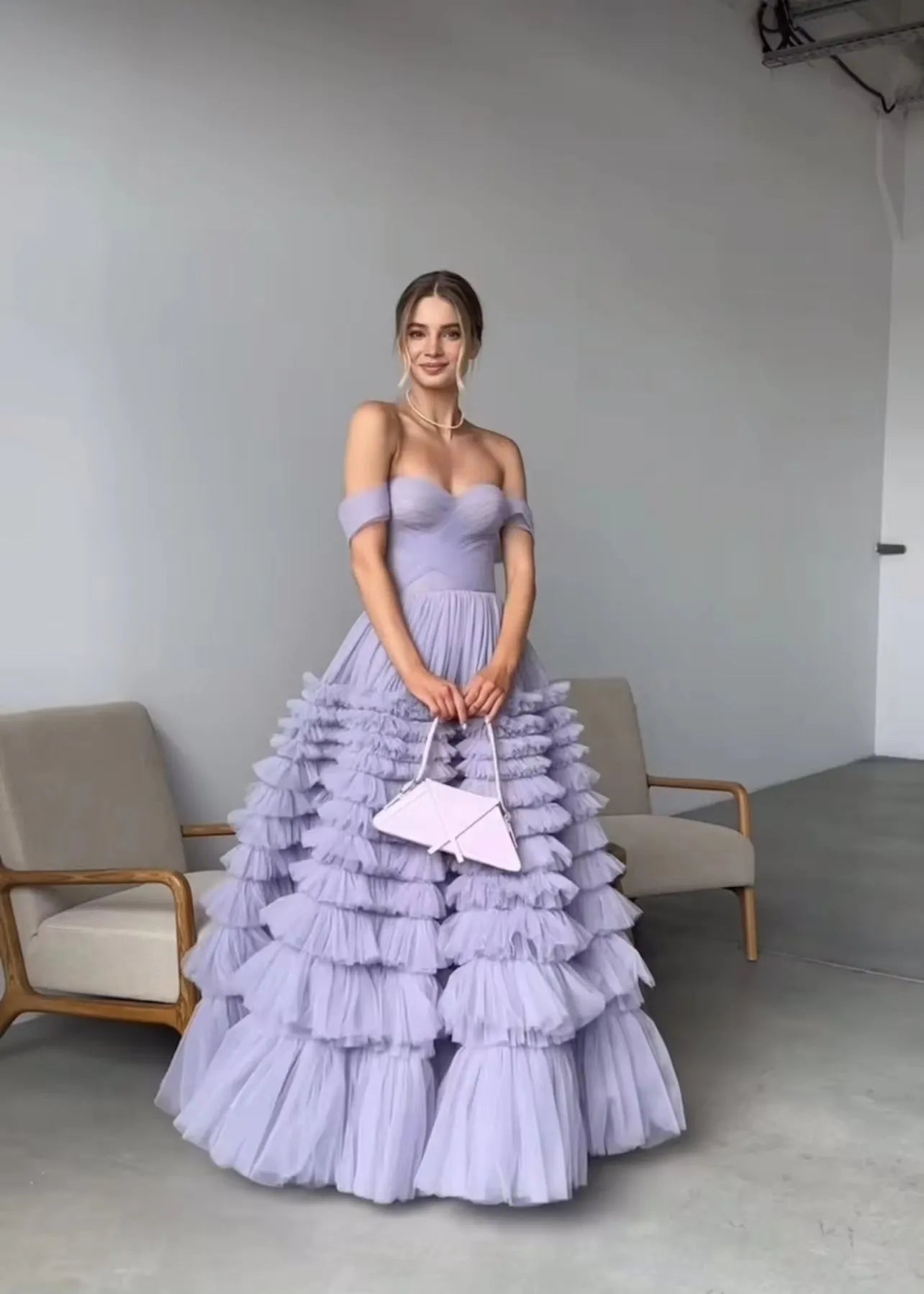 Lavender Tulle Evening Dresses Off The Shoulder Tiered Floor Length Formal Women Prom Gown Special Occasion Dress
