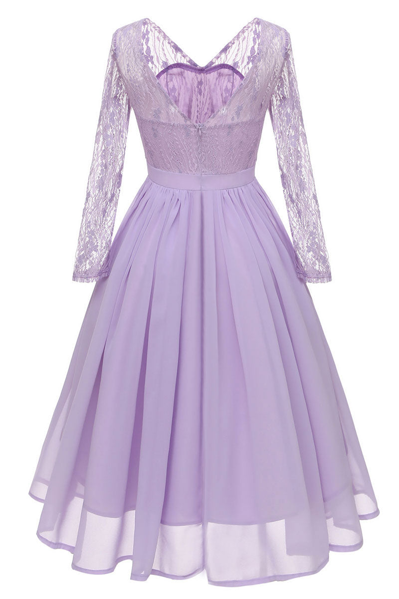 Lavender V-neck Lace A-line Prom Dress With Long Sleeves - Fashionpara