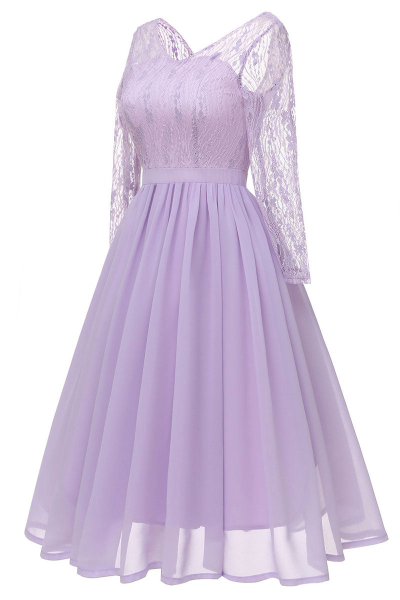Lavender V-neck Lace A-line Prom Dress With Long Sleeves - Fashionpara