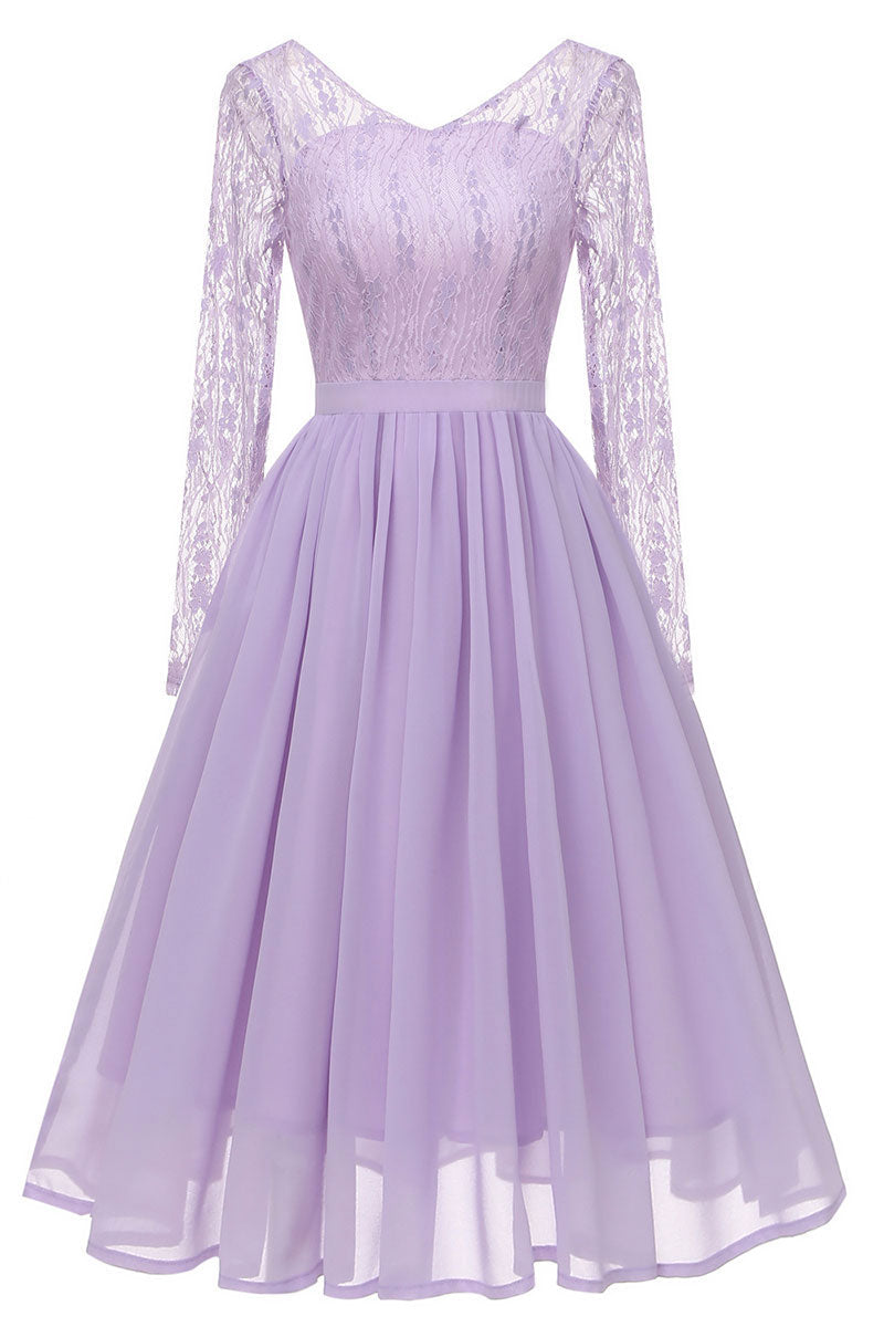 Lavender V-neck Lace A-line Prom Dress With Long Sleeves - Fashionpara