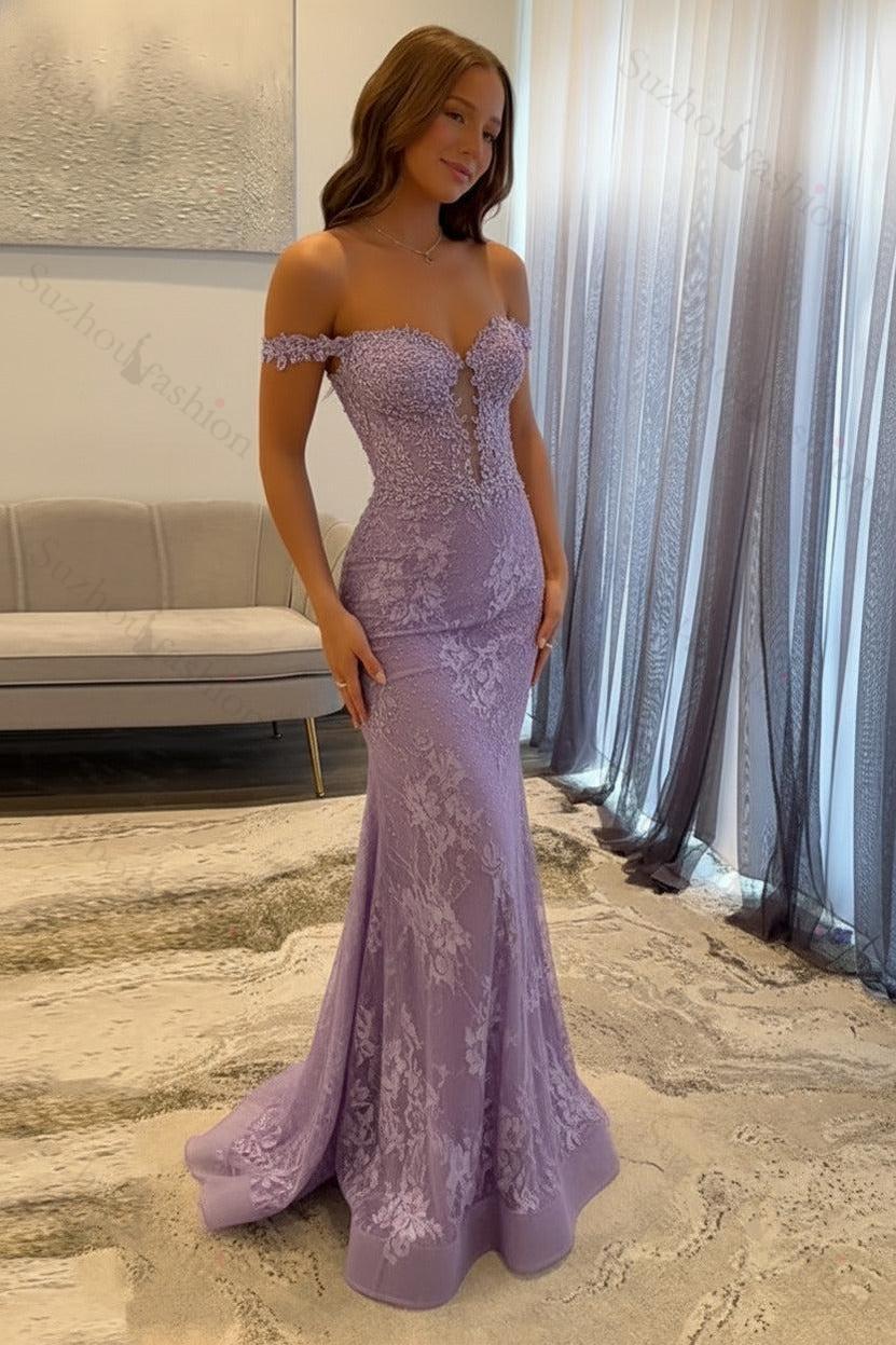 Navy Prom Dress Off The Shoulder Mermaid Long Lace Formal Dress
