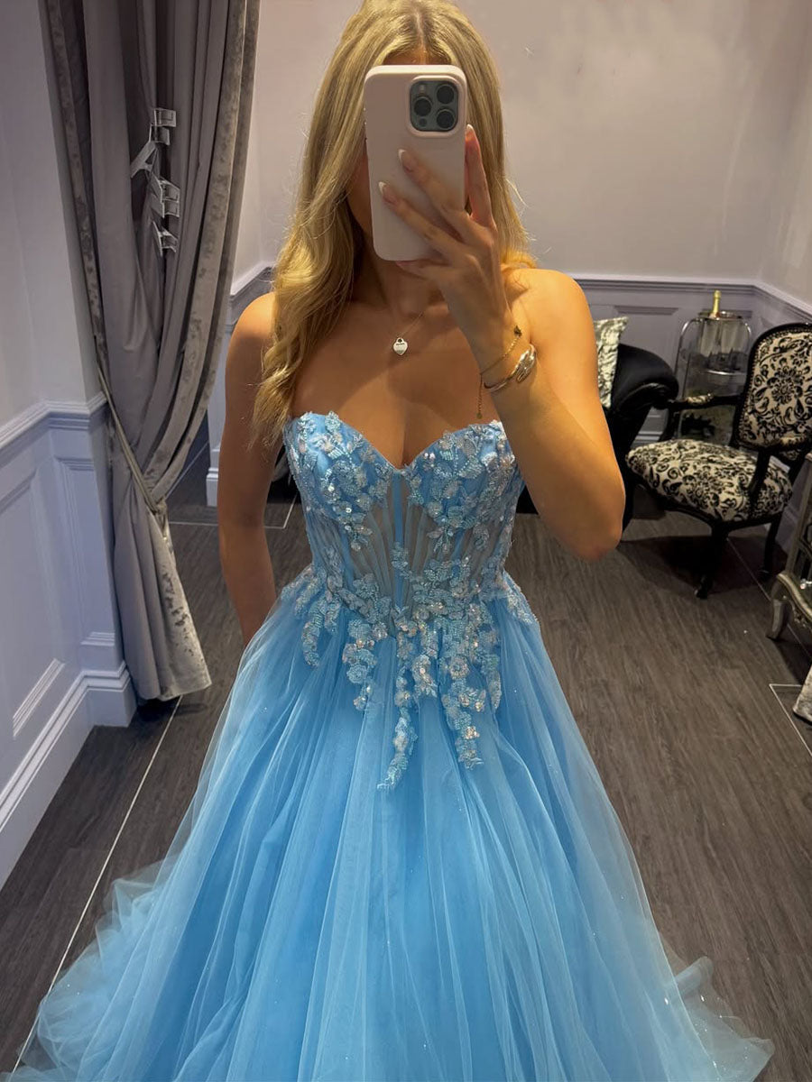 Lavender Sweetheart Corset Tulle Prom Dress with 3D Floral Appliqués