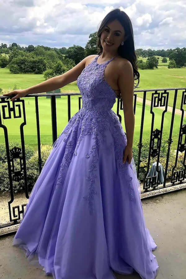 Tulle A-line Halter Lace Appliqued Prom Dresses, Evening Dress - VelvetHem