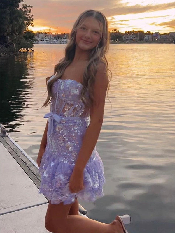 A-line Strapless Sequin Ruffle Hem Short Homecoming Dress