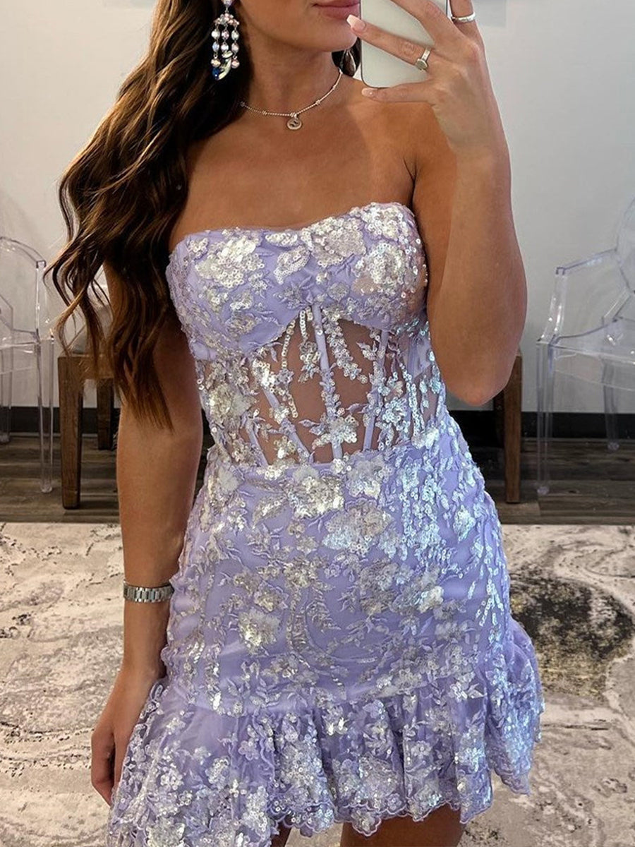 Sequin Lace Strapless Short Homecoming Dress with Ruffles