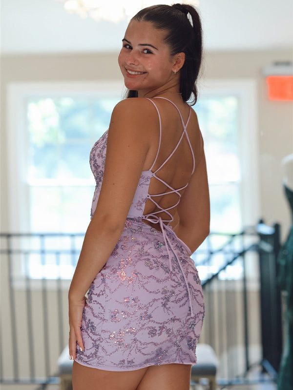 Spaghetti Straps V-Neck Appliques Tight Homecoming Dress