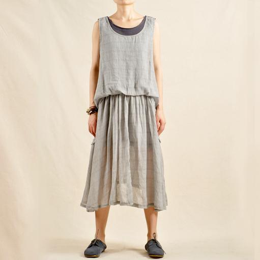 Layered gray sundress linen maxi dress
