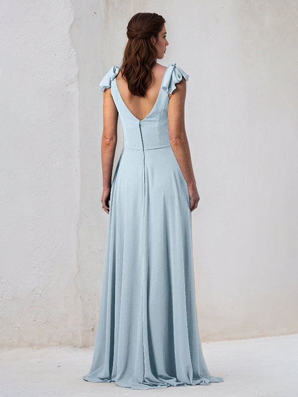 Light Blue A Line Chiffon A Line V Neck Sleeveless Floor Length Bridesmaid Dress