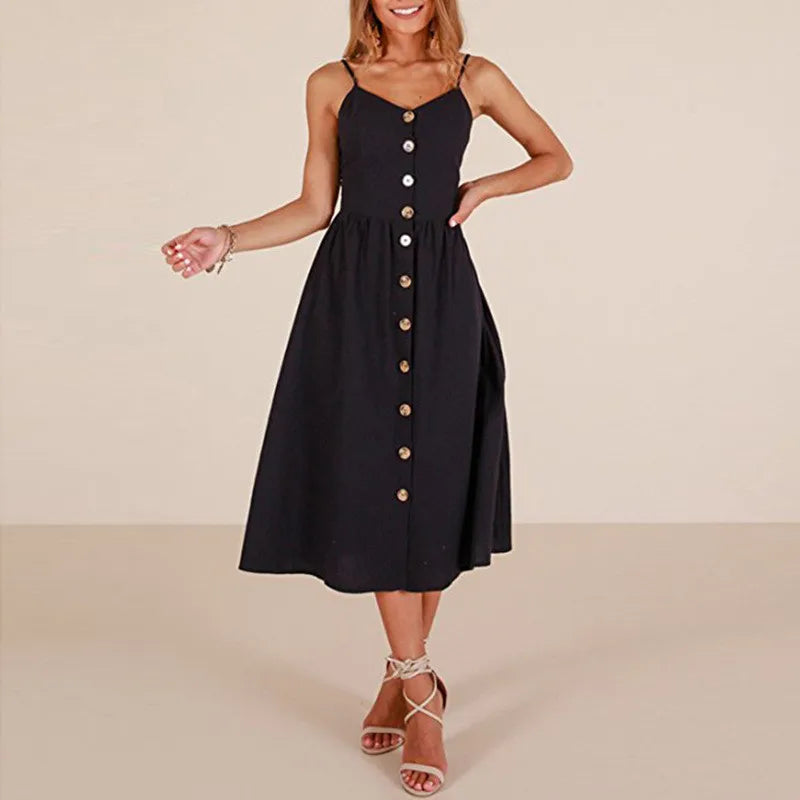 Suspender Button Backless V-Neck Midi Dress - VelvetHem
