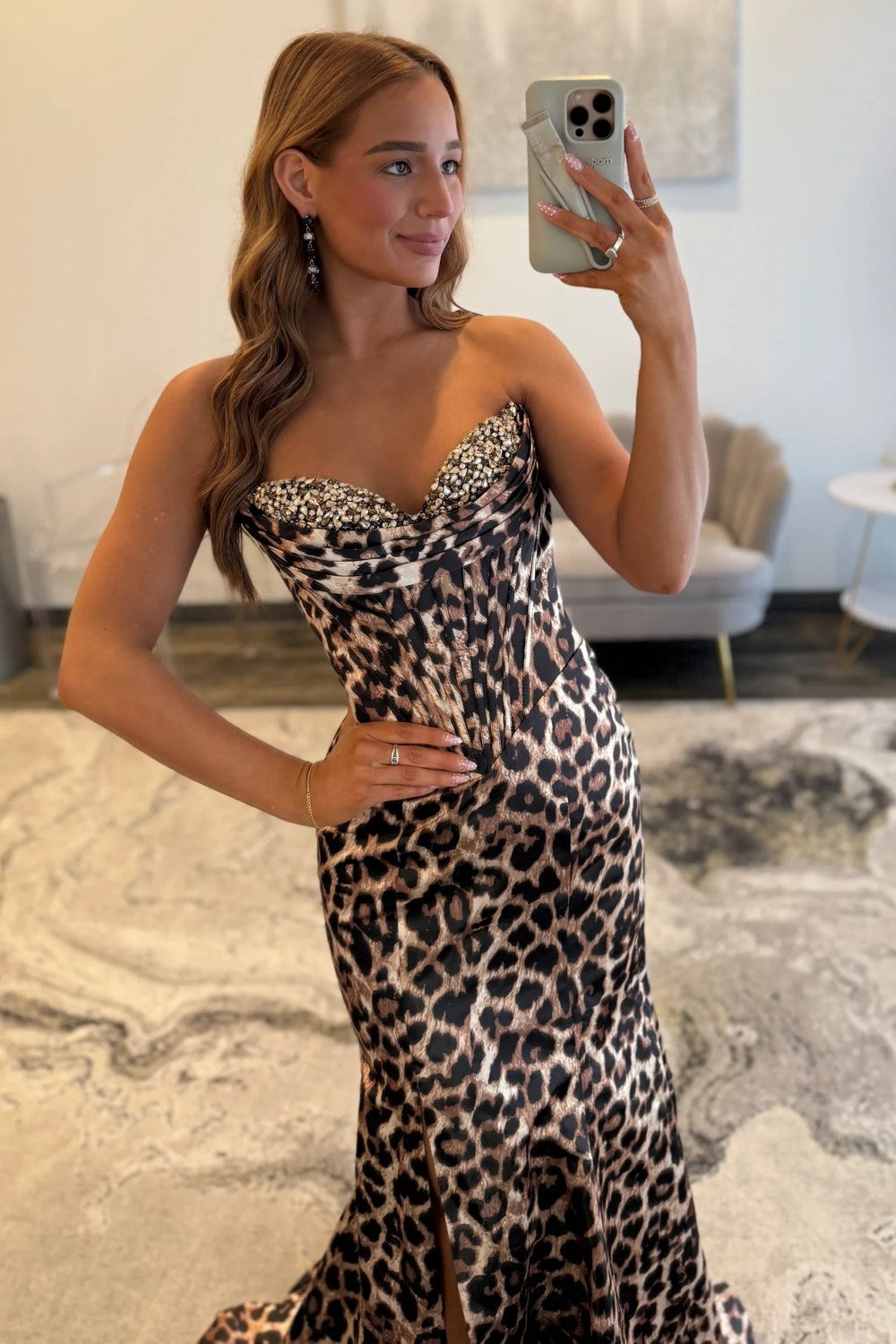 Stunning Mermaid Sweetheart Brown Leopard Printed Corset Prom Dress with Beading