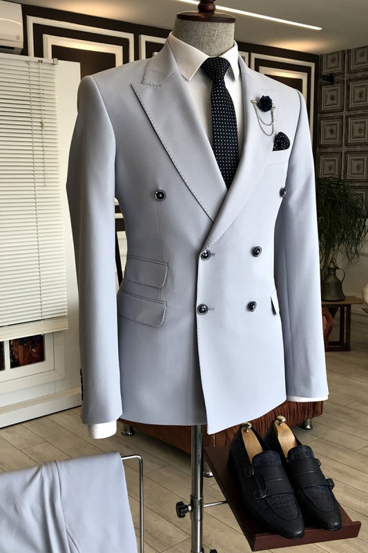 Light Blue Double Breasted Peaked Lapel Prom Suit