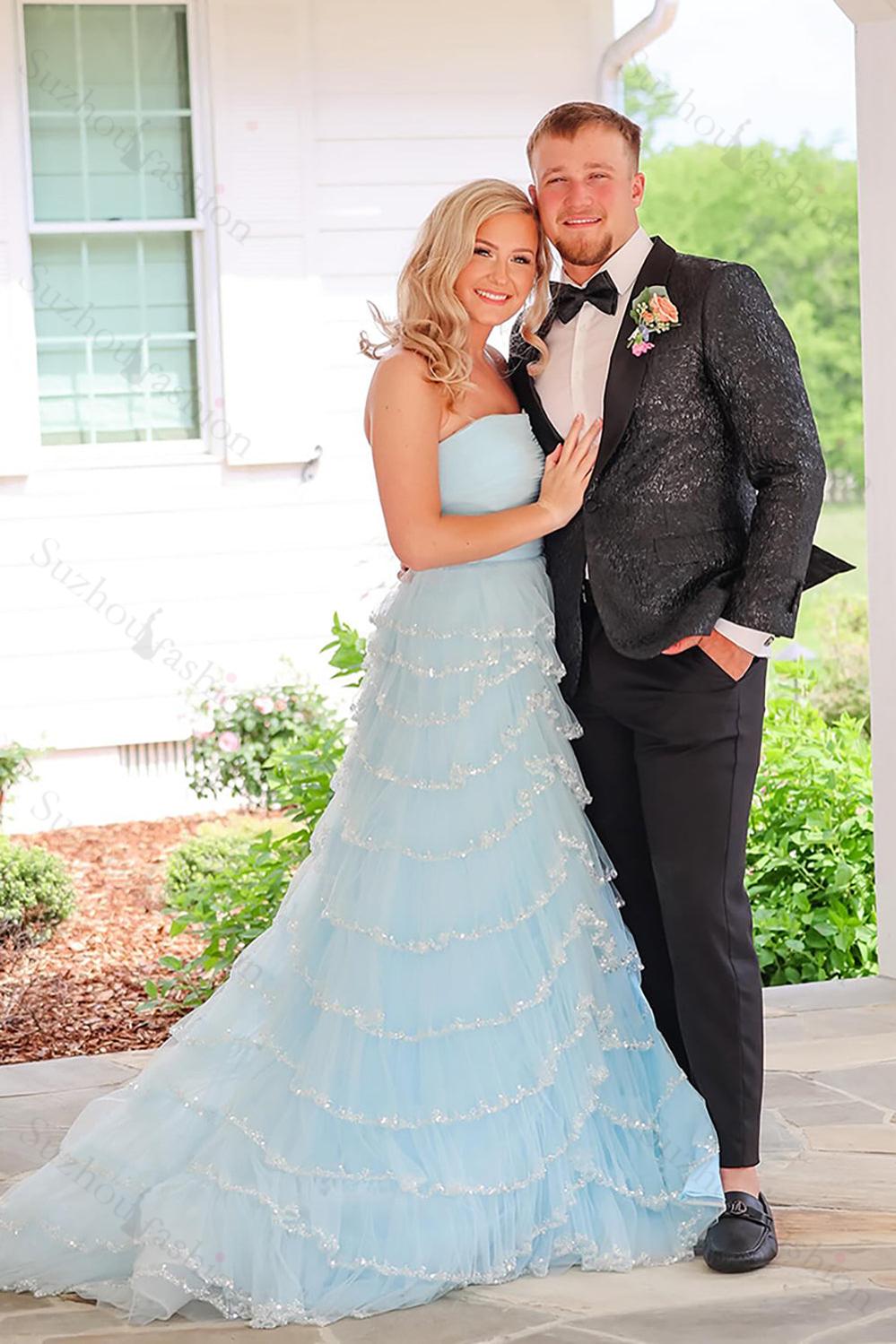 Light Blue Prom Dress Strapless Ruffled Long Formal Dress With Slit