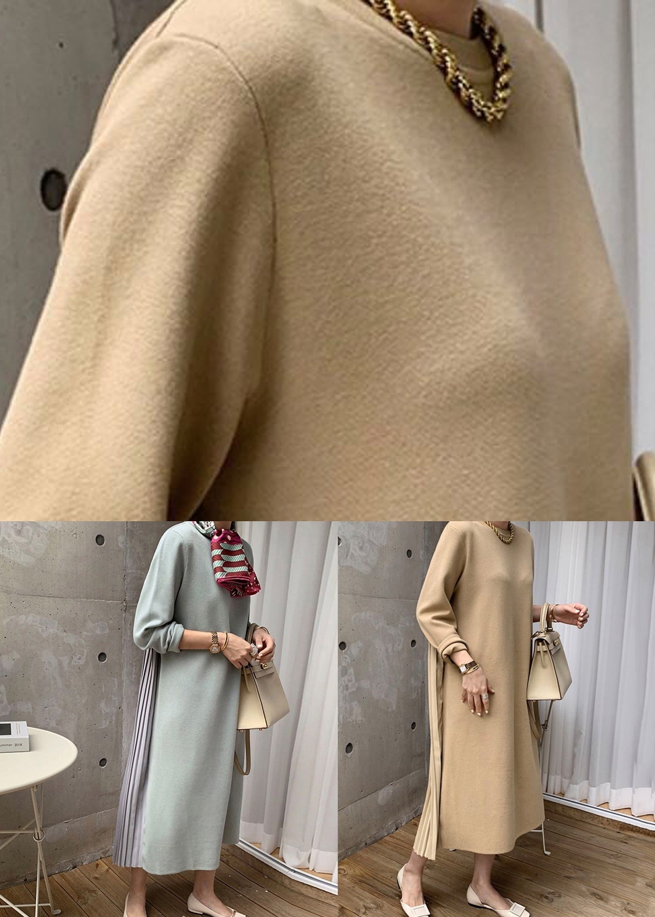 Light Green Wrinkled Solid Patchwork Cotton Winter Sweatshirt Dresses O Neck