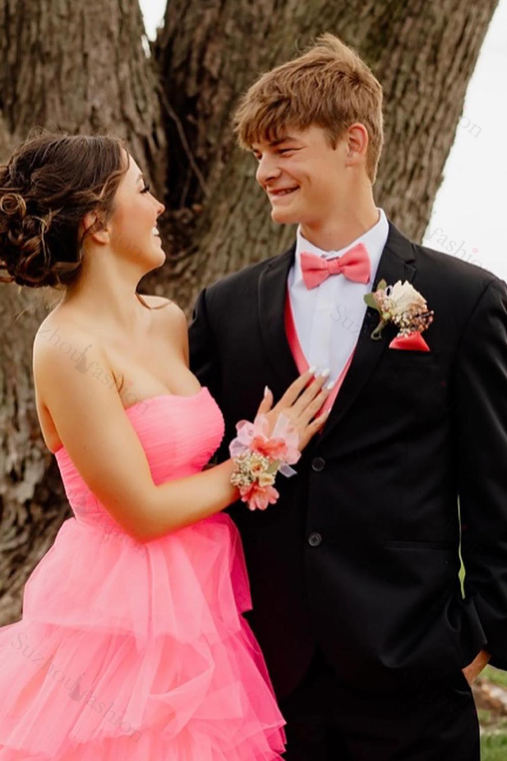 Light Pink Prom Dress Tulle Tiered A-Line Sweetheart Long Formal Dress