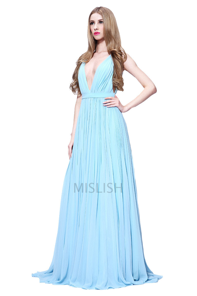 Light Sky Blue Deep V-neck Sleeveless Prom Dress - Fashionpara