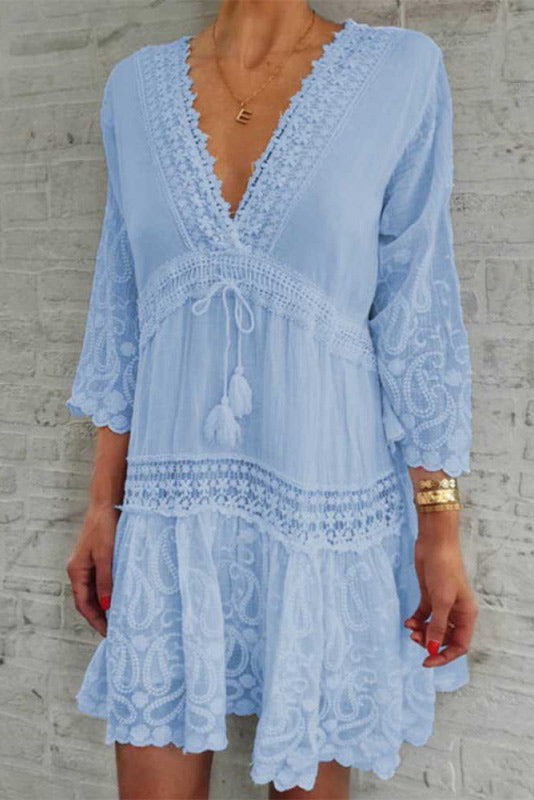 Light Sky Blue V-Neck Lace Mini Dress - Fashionpara