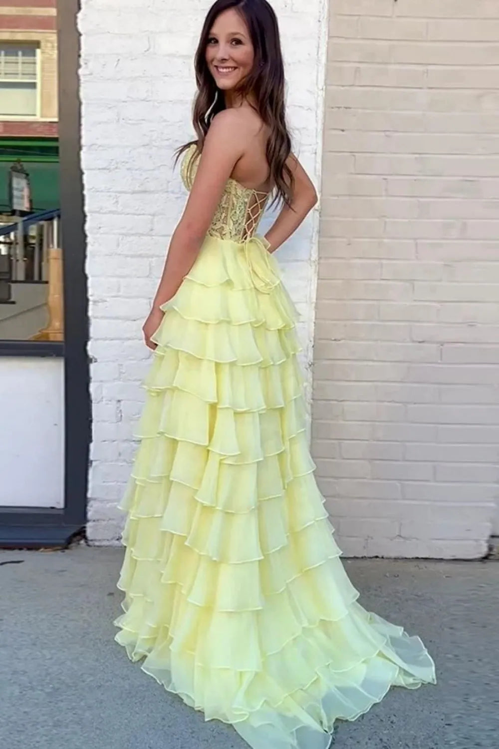 Light Blue A-Line Sweetheart Long Lace And Chiffon Prom Dress With Slit