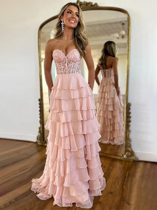 Light Blue A-Line Sweetheart Long Tiered Prom Dress with Slit