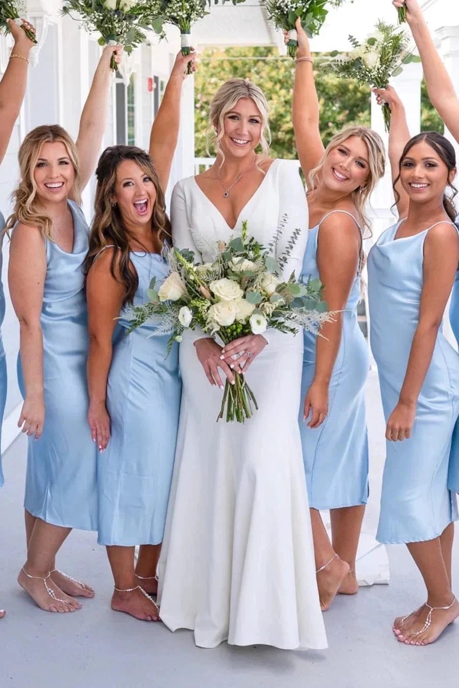 Light Blue Cowl Neck Straps Calf-Length Bridesmaid Dress BD113 by pgmdress