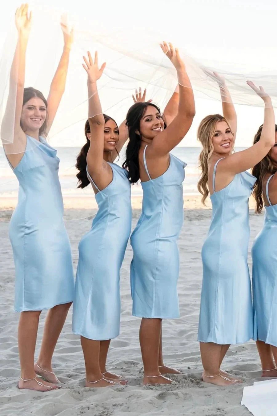 Light Blue Cowl Neck Straps Calf-Length Bridesmaid Dress (ZD12823)
