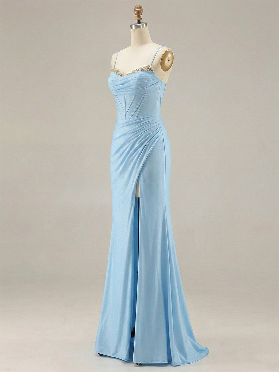 Light Blue Crystal-Trimmed Corset Prom Dress with Slit
