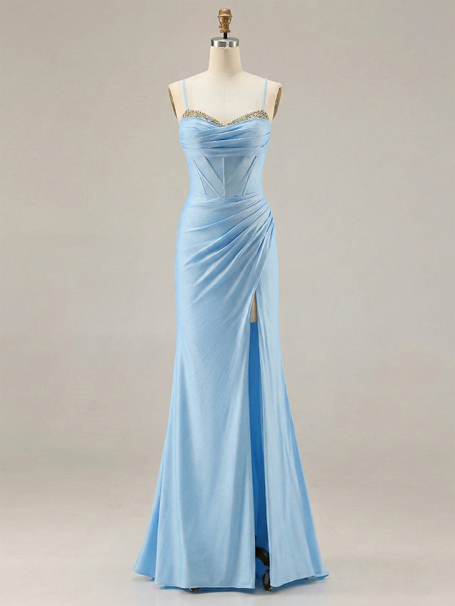 Light Blue Crystal-Trimmed Corset Prom Dress with Slit