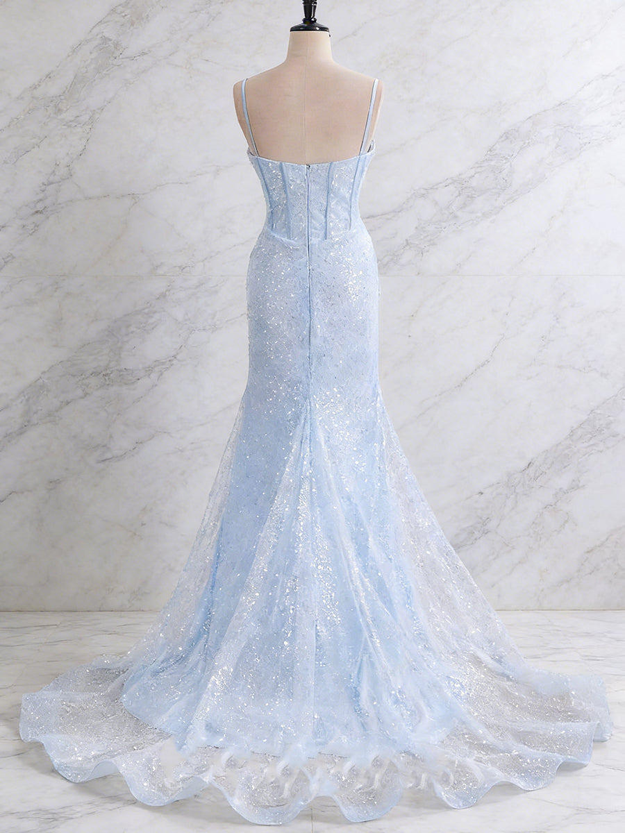 Light Blue Spaghetti Straps Mermaid Long Prom Dress with Beading