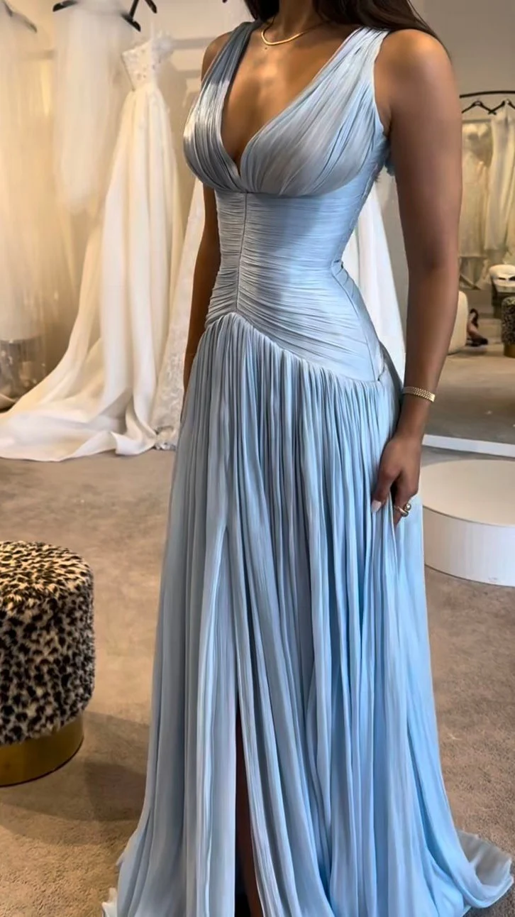 Light Blue Pleated Evening Formal Dresses V-Neck Wedding Guest Dress  J9654