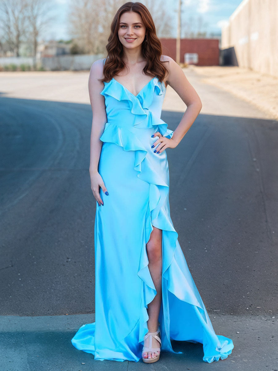 Light Blue Ruffle Bodice Satin Prom Dress with Slit