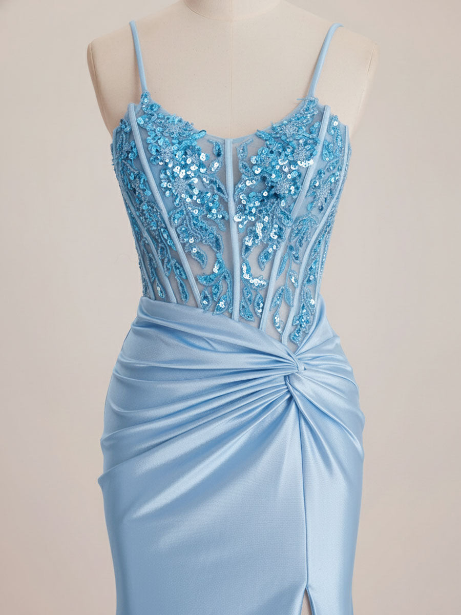 Light Blue Satin Sequin Bodice Twisted Waist Corset Prom Dress with Slit