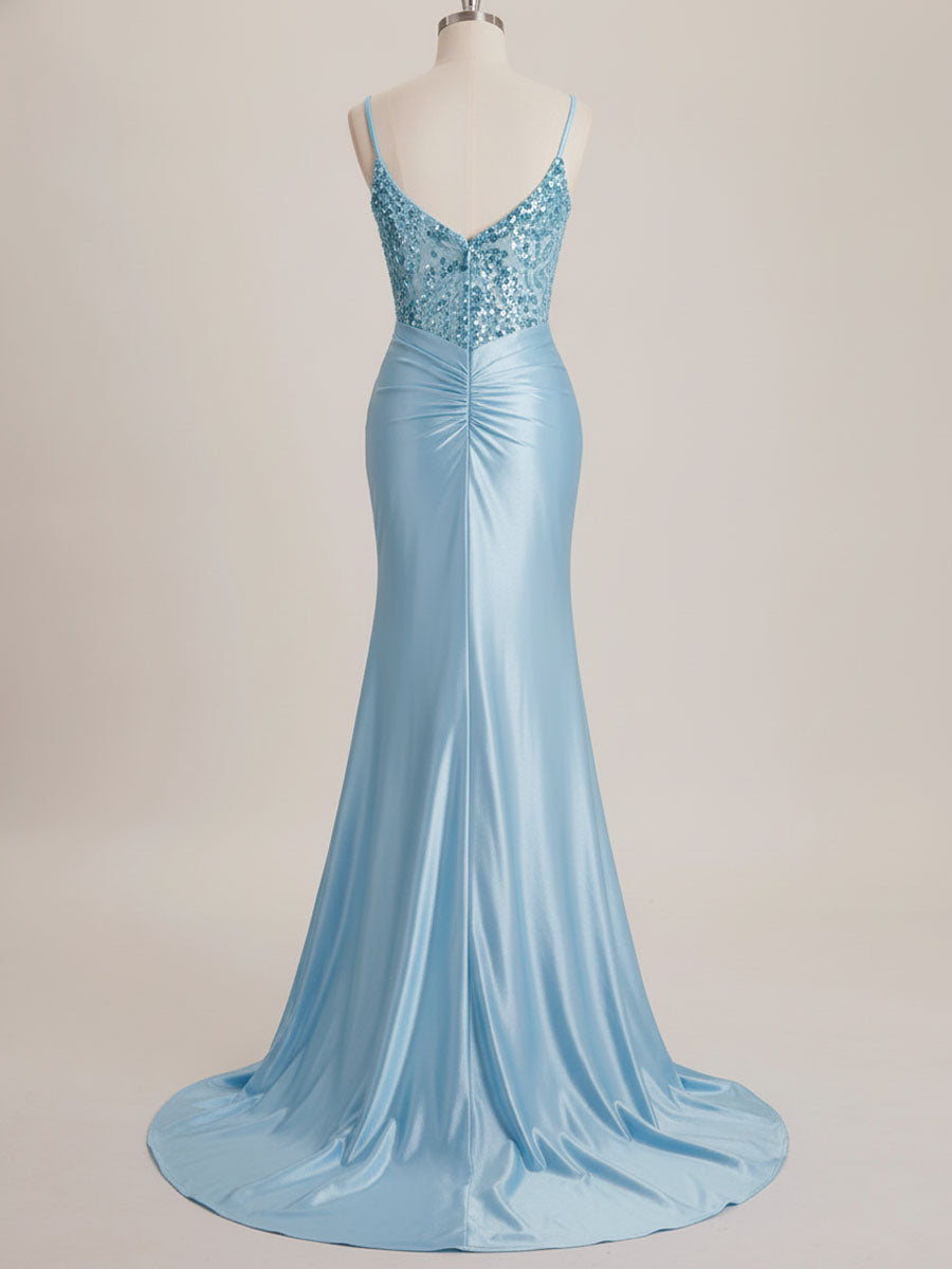 Light Blue Satin Sequin Bodice Twisted Waist Corset Prom Dress with Slit