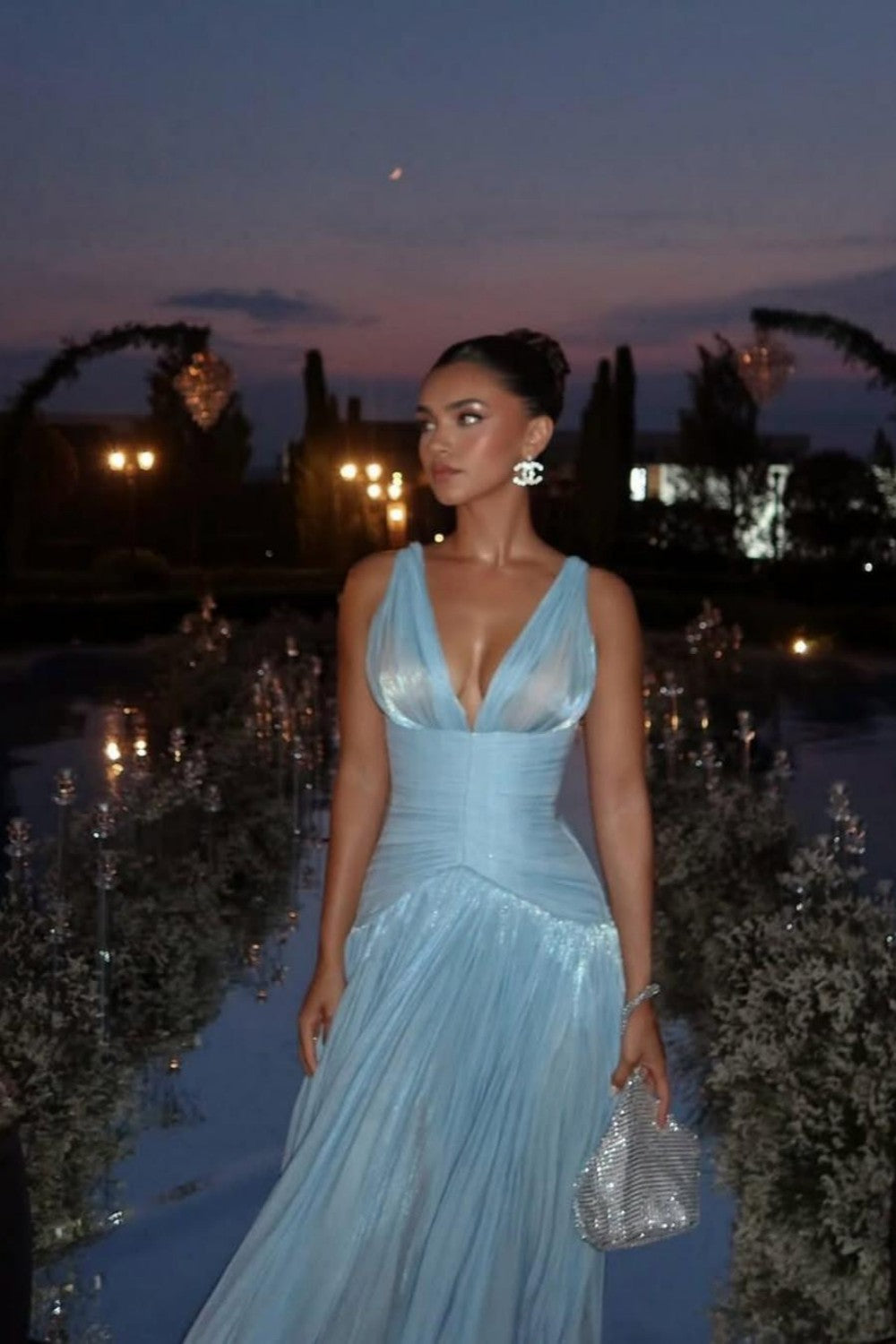 Charming A Line Light Blue Shimmer A-Line Evening Gown with Plunge Neck and Slit