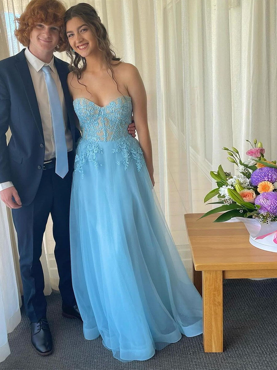 Light Blue Strapless Tulle Prom Dress with Floral Lace Appliqués