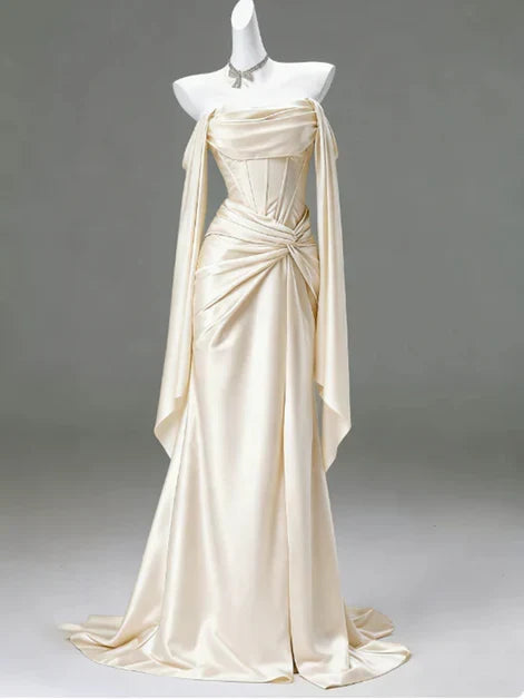 Light Champagne Long Prom Dress Satin Evening Dress
