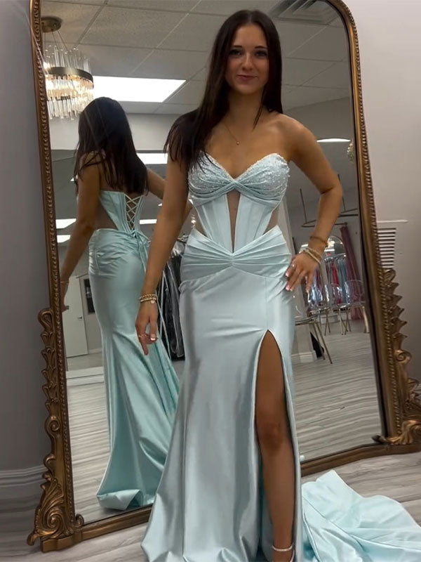 Aqua Mermaid Strapless Sweetheart Long Prom Dress with Slit