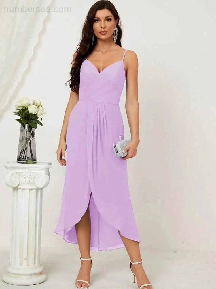 ZapDress Spaghetti Chiffon V Neck Bridesmaid Dress Mid-Length Slit Formal Prom Dress Homecoming Dress 2803 (ZD16952)