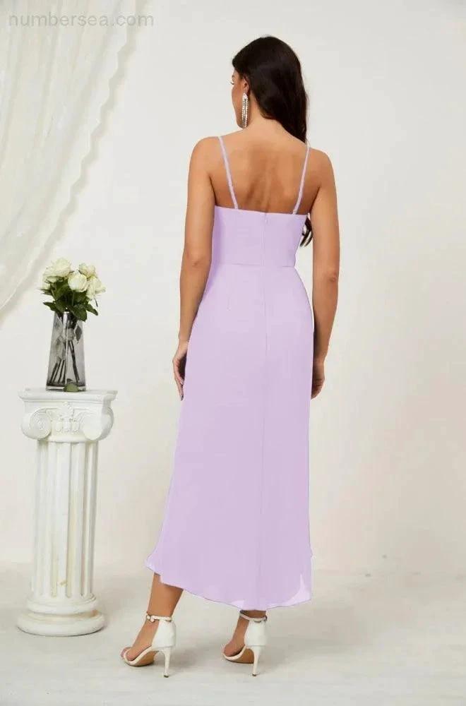 ZapDress Spaghetti Chiffon V Neck Bridesmaid Dress Mid-Length Slit Formal Prom Dress Homecoming Dress 2803 (ZD16952)