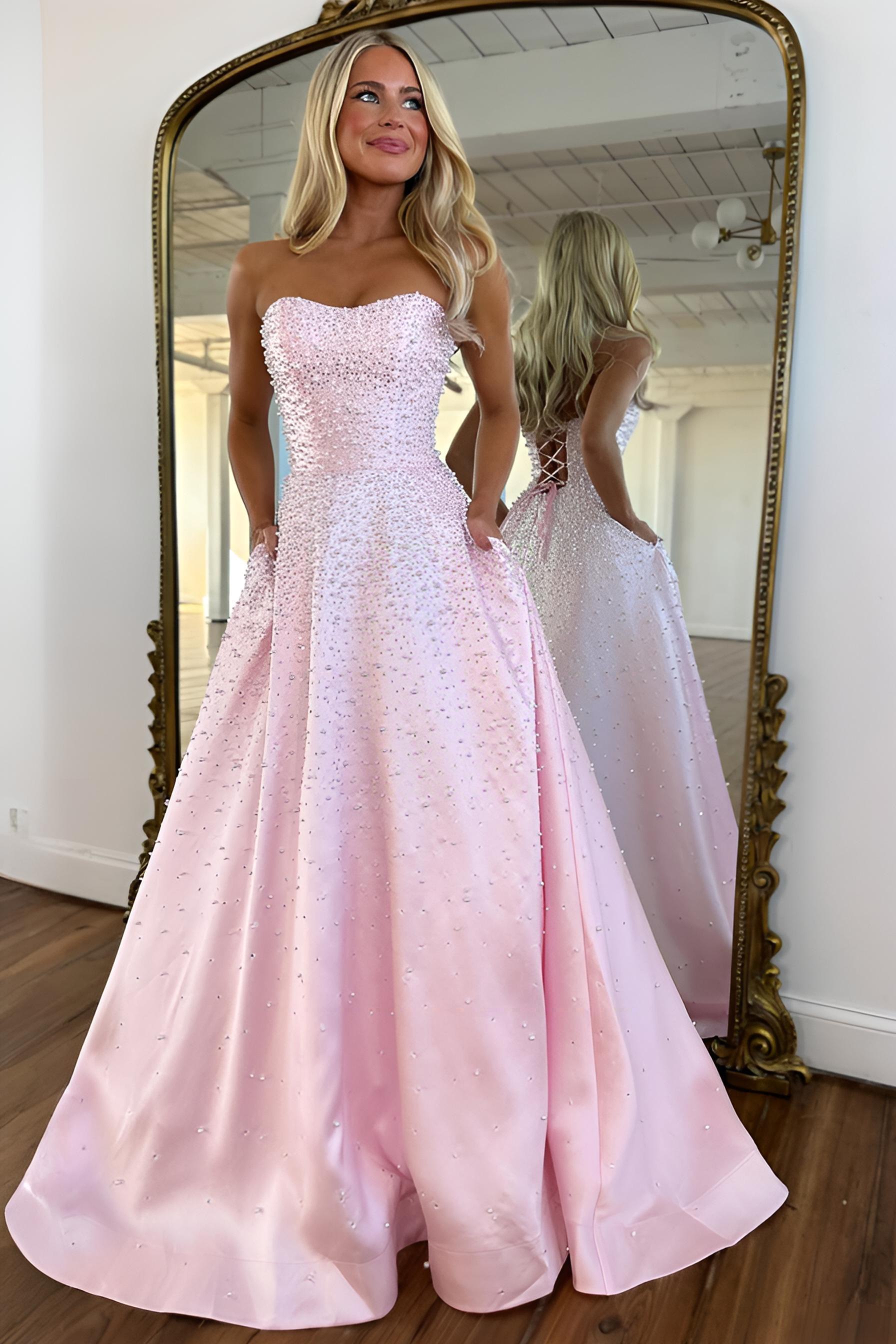Trendy A Line Sweetheart Pink Long Prom Dress with Pearls Criss Cross Back
